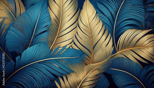 Vibrant BlueGolden Photorealistic Palm Leaf Wallpaper, Evoking a Tropical Paradise in Rich Textures and Luminous Light photo