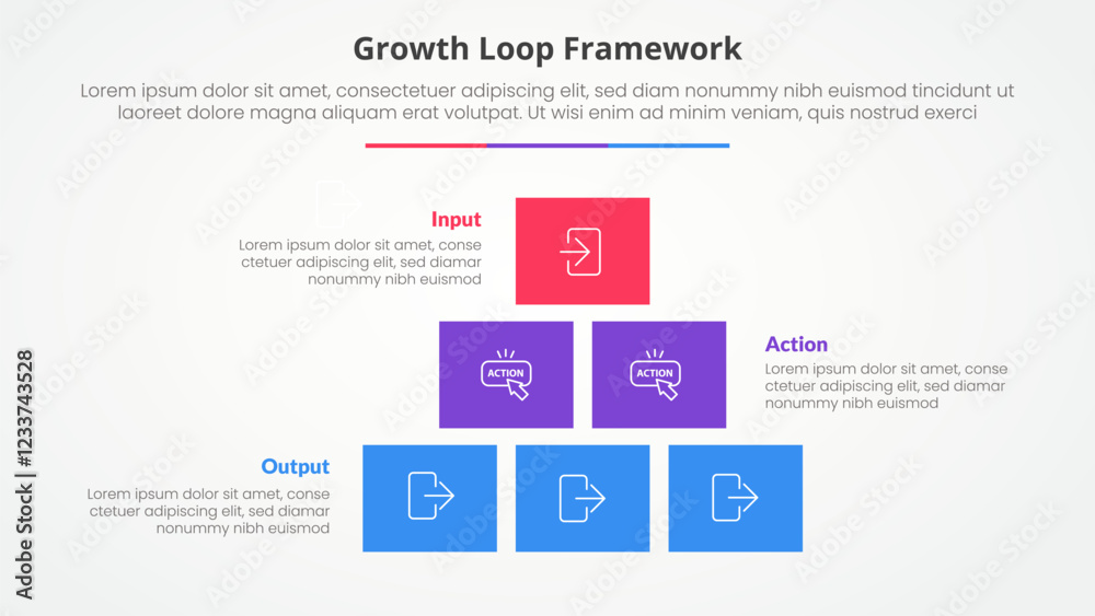 Growth loop framework infographic concept for slide presentation with box rectangle pyramid structure with 3 point list with flat style Growth loop framework infographic concept for slide presentation with box rectangle pyramid structure with 3 point list with flat style