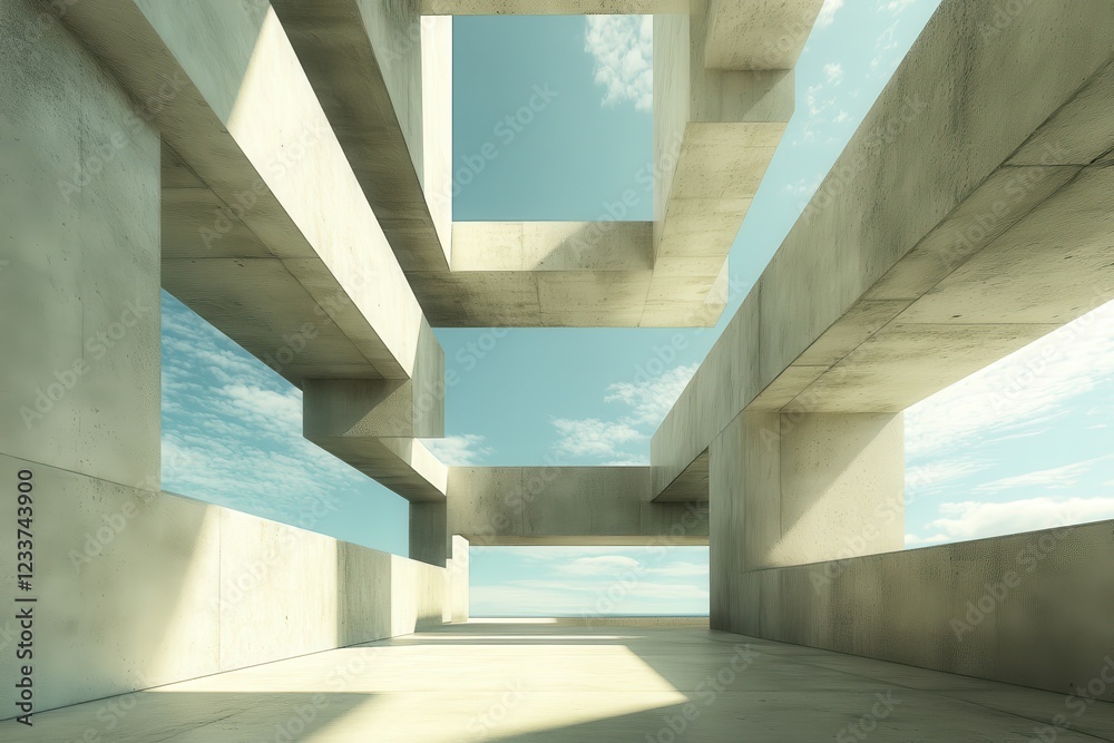 Fototapeta premium Concrete structure, open sky, daylight, architectural design, modern building, interior, sunlight, walkway, rendering, illustration