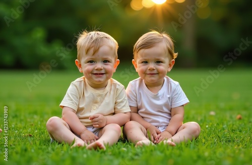 Siblings sitting on the grassy lawn