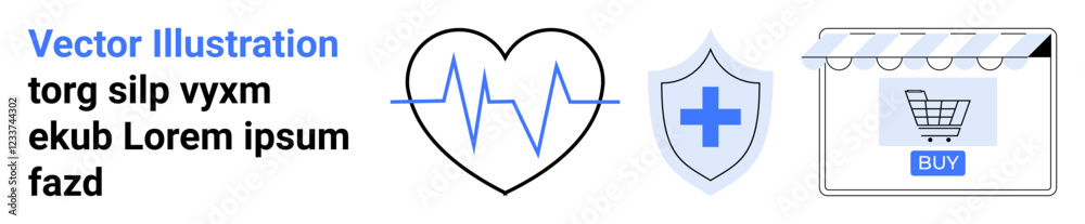 Heart with ECG line, shield with cross, and online store storefront highlight digital health, insurance, and e-commerce. Ideal for healthcare, security, technology, insurance wellness medical flat Heart with ECG line, shield with cross, and online store storefront highlight digital health, insurance, and e-commerce. Ideal for healthcare, security, technology, insurance wellness medical flat