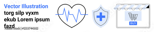 Heart with ECG line, shield with cross, and online store storefront highlight digital health, insurance, and e-commerce. Ideal for healthcare, security, technology, insurance wellness medical flat