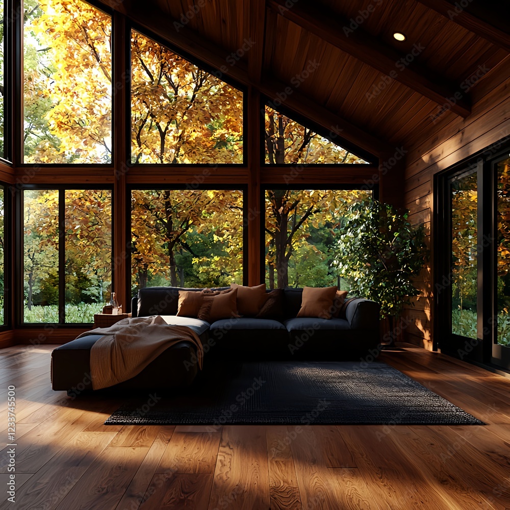 Fototapeta premium Autumn Sunlight in a Cozy Wooden Cabin