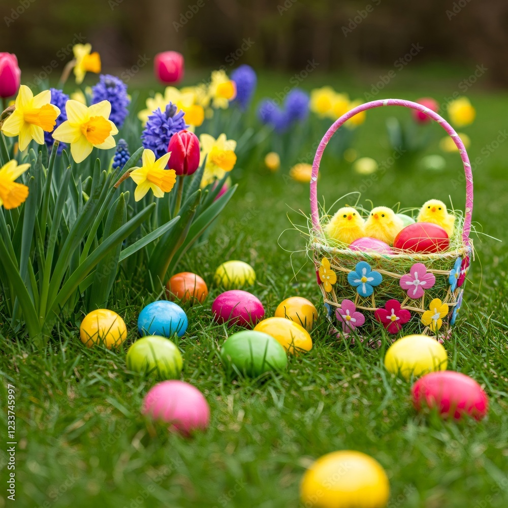 Easter chicks sitting in basket with colorful eggs in spring garden