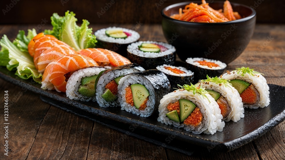 Japanese Sushi and Fresh Vegetables on a Wooden Table Japanese Sushi and Fresh Vegetables on a Wooden Table