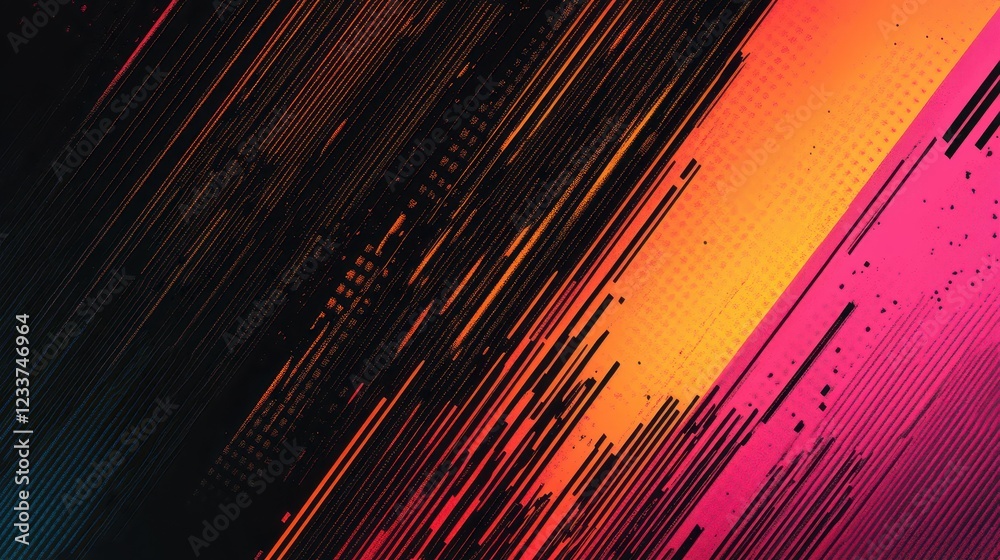 Fototapeta premium A dark, retro banner design with an abstract grainy background featuring a magenta, orange, and black gradient.