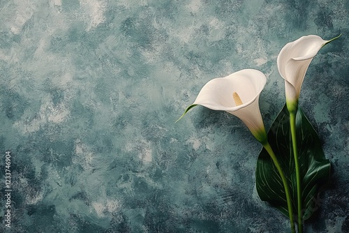 Elegant white calla lily flowers on a textured blue green background with a soft artistic feel