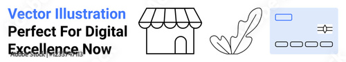 Shopfront, quill pen, and credit card highlighting business operations, creative endeavors, and online transactions. Ideal for e-commerce, creativity, business identity, writing shopping startups