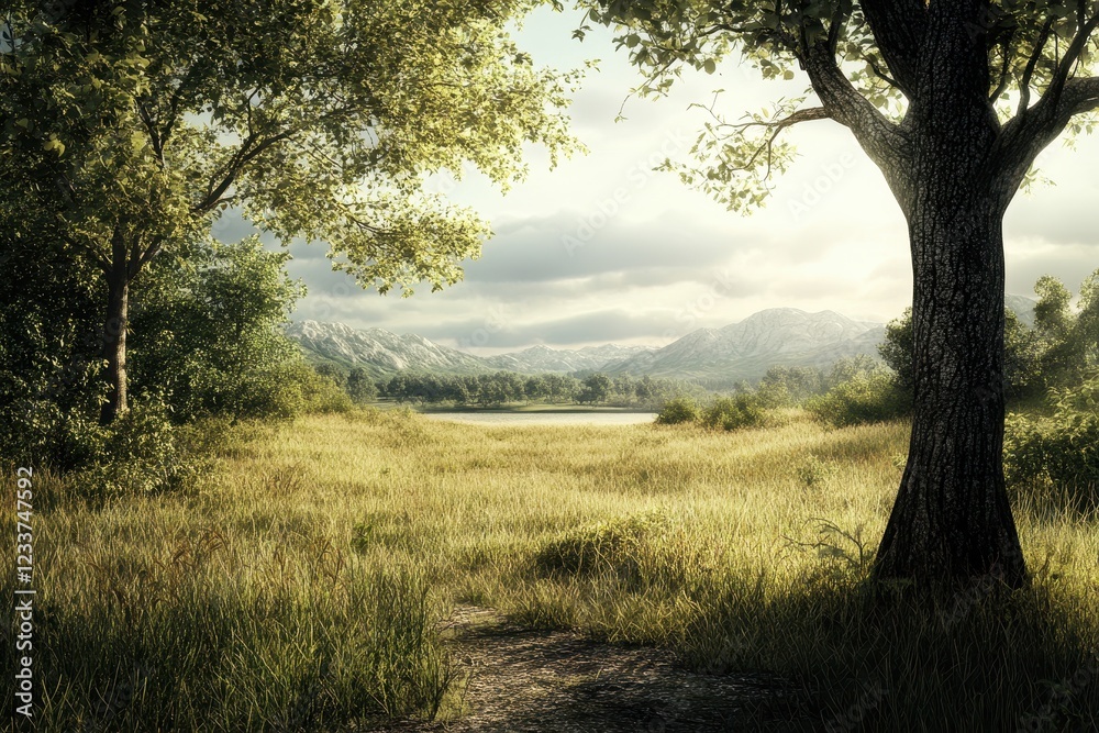 Serene sunlit meadow path, lake, mountains, nature background, idyllic scene Serene sunlit meadow path, lake, mountains, nature background, idyllic scene