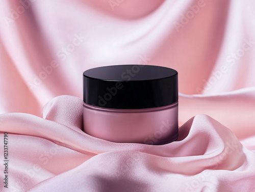 Pink Beauty Cream Jar: A luxurious pink cream jar with a black lid rests elegantly on a soft pink silk fabric, creating a sophisticated and alluring image perfect for beauty and skincare advertising. photo