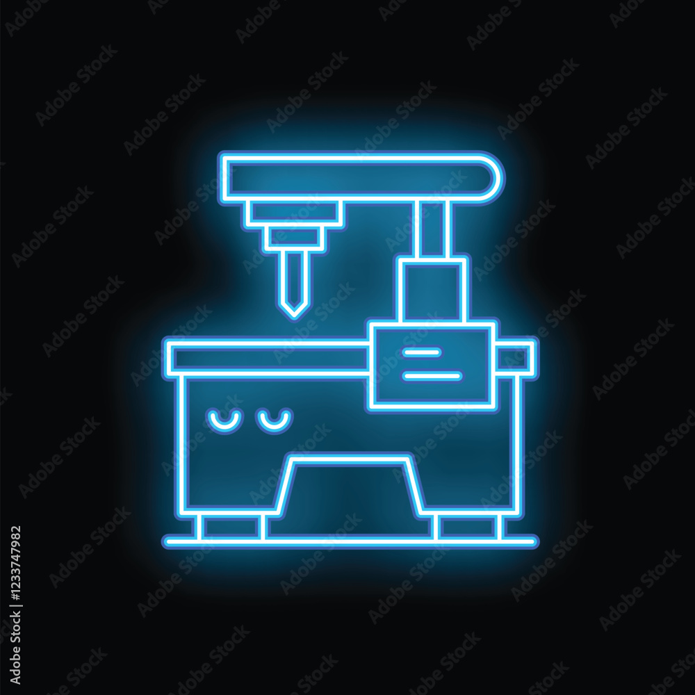 Blue glowing neon sign of a drilling machine used in a factory for industrial manufacturing Blue glowing neon sign of a drilling machine used in a factory for industrial manufacturing