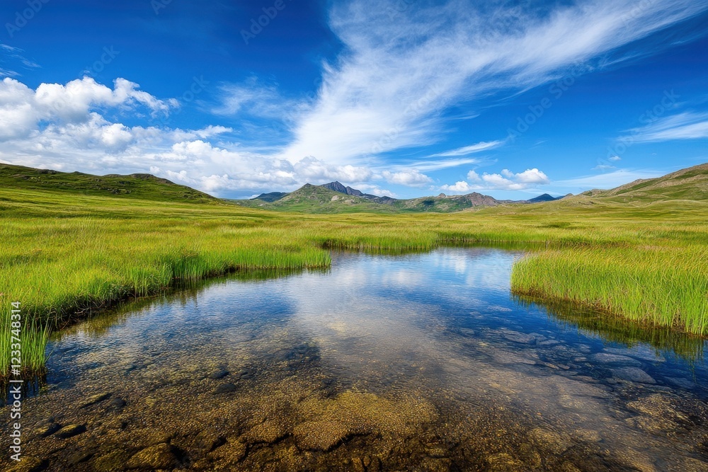 Mountain lake reflection, summer sky, tranquil highland wetland, travel brochure
