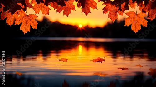 Autumn Sunset Over Calm Lake with Maple Leaves