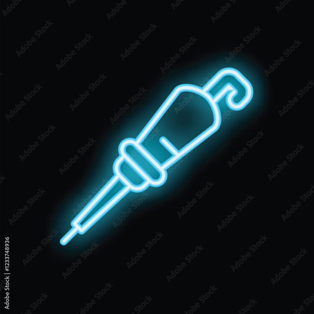 Blue neon icon of a soldering iron glowing on a black background, perfect for projects related to electronics repair Blue neon icon of a soldering iron glowing on a black background, perfect for projects related to electronics repair