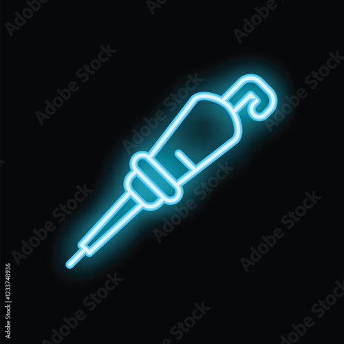 Blue neon icon of a soldering iron glowing on a black background, perfect for projects related to electronics repair
