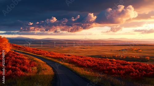 Autumn Sunset Over Rolling Hills and Winding Road