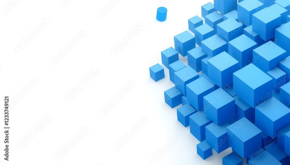 A modern, geometric background design featuring a large cluster of various sized, solid blue cubes arranged in a random, layered pattern against a plain white background