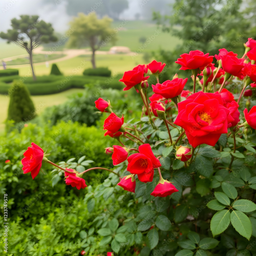 Fototapeta premium Large Bush of Red Roses Set Against Natural Background