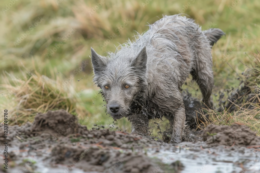 A muddy dog wanders through wet terrain, showcasing its playful nature amidst the damp, natural surroundings. A muddy dog wanders through wet terrain, showcasing its playful nature amidst the damp, natural surroundings.