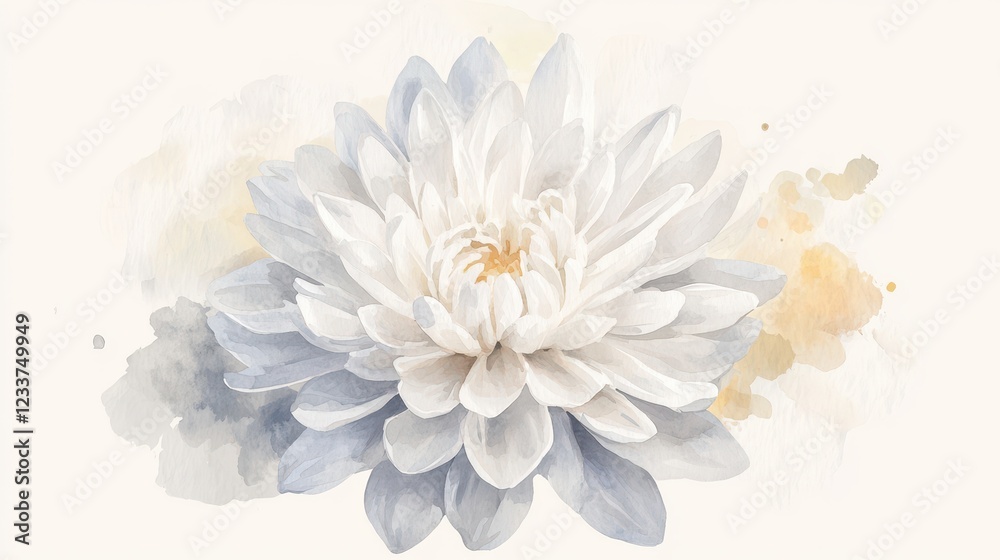 Obraz premium A delicate white watercolor illustration of a chrysanthemum, representing an autumn flower, set against a light background.