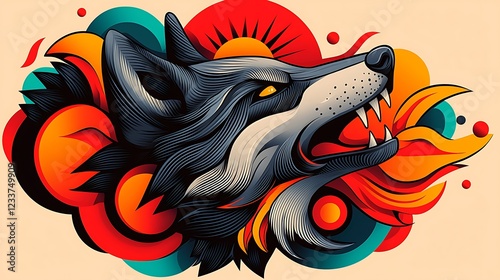Wallpaper Mural Vibrant illustration of a wolf's head howling amidst colorful abstract shapes and flames Torontodigital.ca