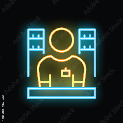 Cashier standing at cash desk neon sign icon on black background