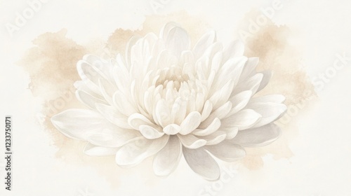 A delicate white watercolor illustration of a chrysanthemum, representing an autumn flower, set against a light background. photo