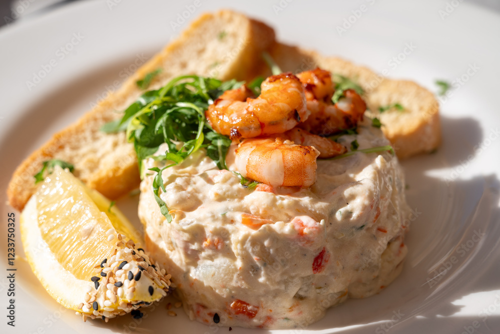 plate of 'ensaladilla rusa' (russian salad) made of potatoes, shrimps, egg, onion and mayonnaise - a typical spanish snack or tapas plate of 'ensaladilla rusa' (russian salad) made of potatoes, shrimps, egg, onion and mayonnaise - a typical spanish snack or tapas