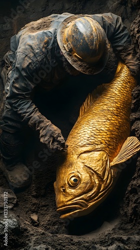 Miner unearths a large golden fish figure from the muddy soil minimal lighting highlights its gleam with some parts still covered in dirt Dark surroundings create a photorealistic closeup shot