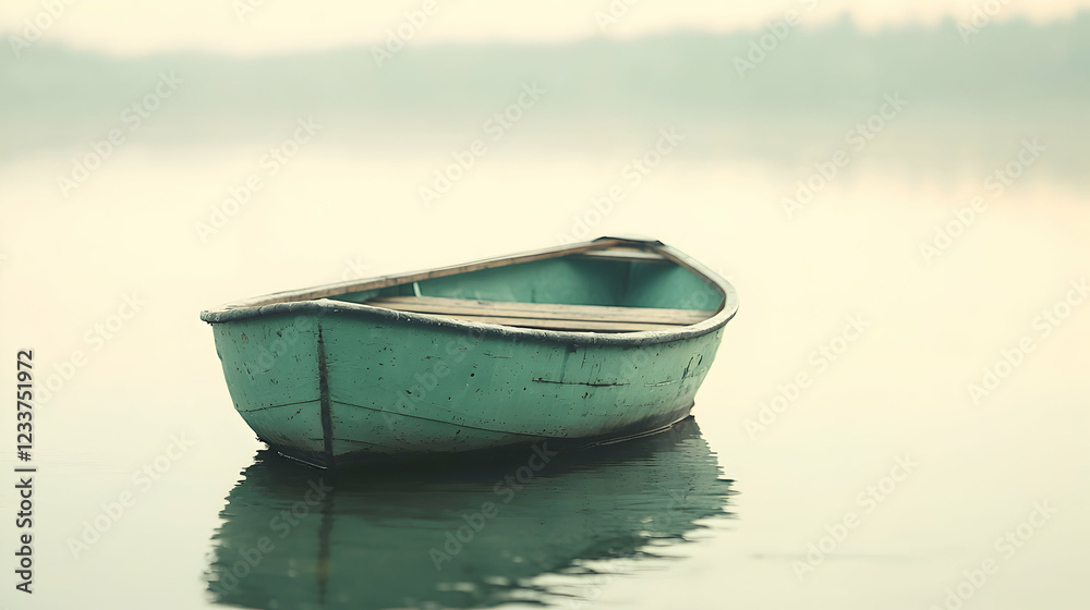 Fototapeta premium Lonely teal rowboat on calm lake at dawn; misty background; peaceful scene for travel brochures