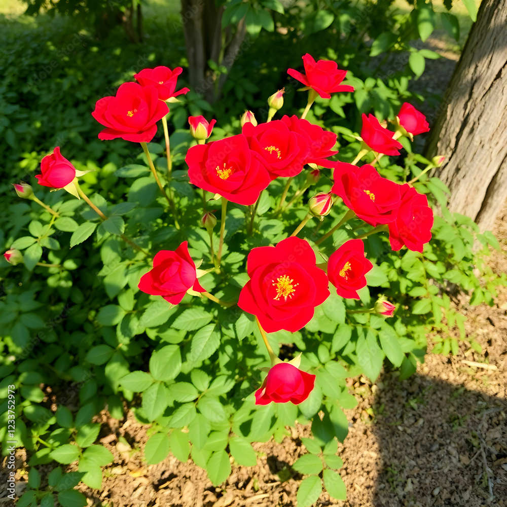 Large Bush of Red Roses Set Against Natural Background Large Bush of Red Roses Set Against Natural Background