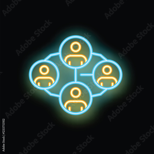 Glowing neon icon of a network of people connecting with each other