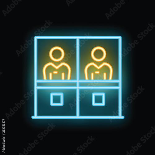 Bright neon sign representing two cashiers working at supermarket checkout on black background