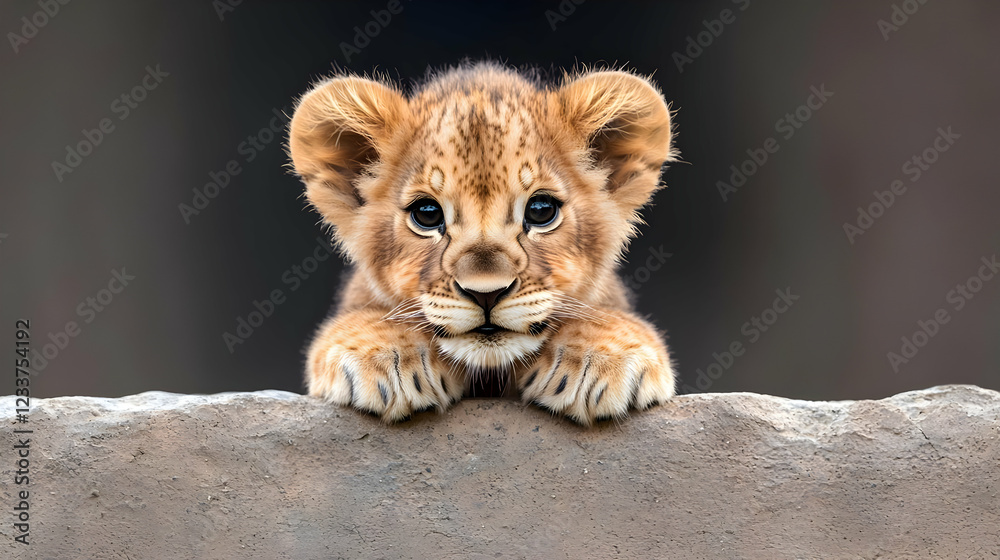 Fototapeta premium Lion cub peering over rock, wildlife sanctuary background, zoo animal portrait, cute wildlife image