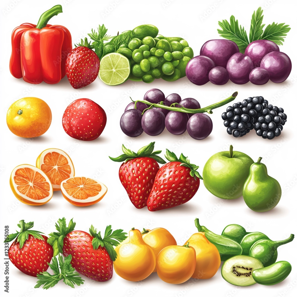 Fresh colorful fruits and vegetables arrangement on white background vibrant still life painting Fresh colorful fruits and vegetables arrangement on white background vibrant still life painting