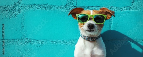 A fashionable dog in green sunglasses posed against a bright blue wall, creating a vibrant and joyful image that highlights its cool personality photo