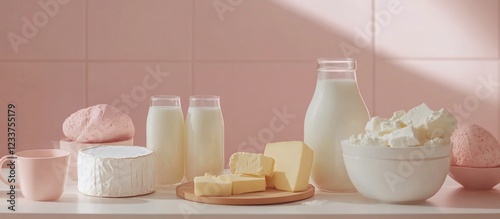 Wallpaper Mural Assorted dairy products displayed on a pastel pink background with soft lighting Torontodigital.ca