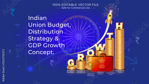 Indian money, union budget, growth, Financial goals and target concept.