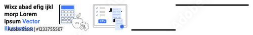 Calculator beside apple, digital interface highlighting data inputs and analysis. Ideal for education, finance, productivity, nutrition, digital tools, tech innovation. Abstract line flat metaphor