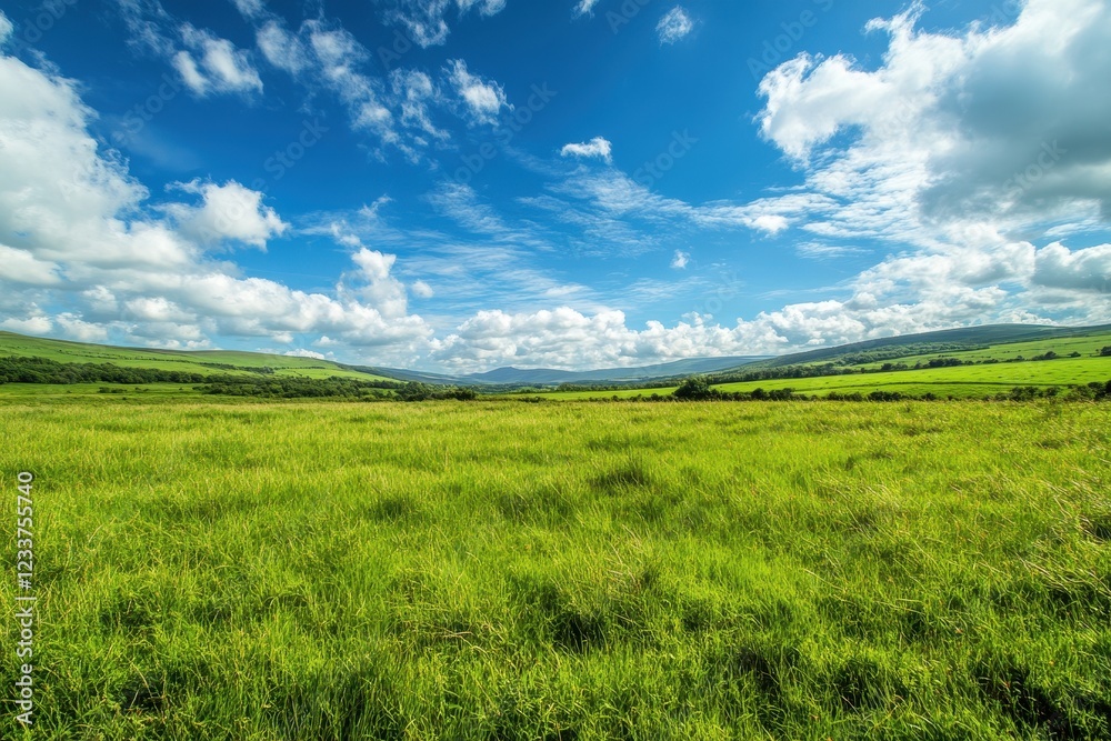 Sunny day, green field, rolling hills, blue sky, scenic landscape, travel poster Sunny day, green field, rolling hills, blue sky, scenic landscape, travel poster