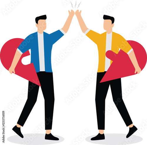 Teamwork to solve problems, teamwork to connect together, acquisitions or mergers, partnerships, two businessmen taking parts of a puzzle to connect and high-fiving