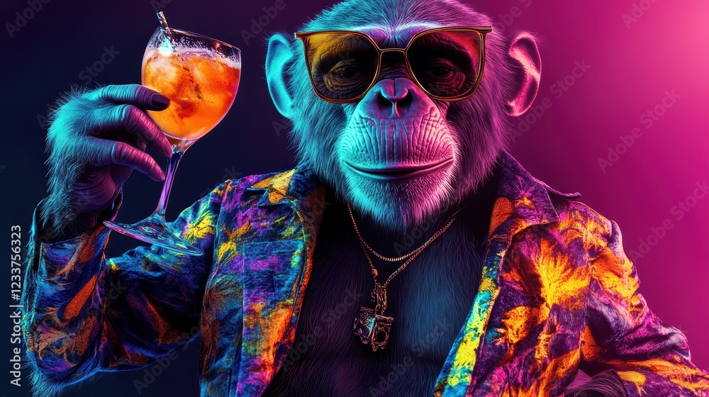 A fashionable anthropomorphic male monkey character, dressed in a flamboyant, colorful jacket, making a toast with a refreshing cocktail. A fashionable anthropomorphic male monkey character, dressed in a flamboyant, colorful jacket, making a toast with a refreshing cocktail.