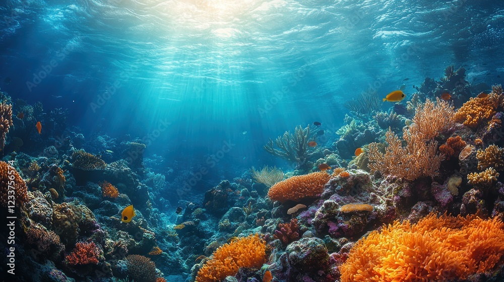 Fototapeta premium Vibrant Underwater Coral Reef Paradise: Sunbeams Illuminate a Thriving Ecosystem
