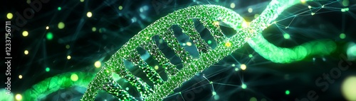 A glowing, green DNA strand is depicted against a dark background, showcasing the intricate structure of genetic material.