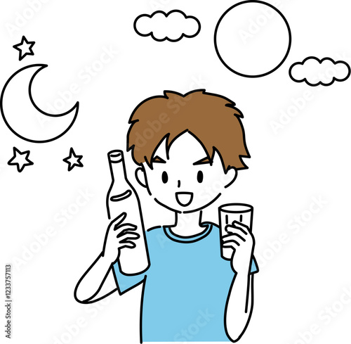 瓶の飲み物を飲む男の子の線画イラスト