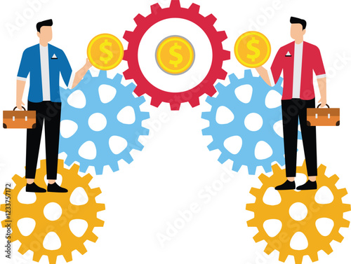 Business Optimization, Reducing Costs to Increase Profits, Business Solutions, Businessman Taking Gold Running on Gears Connecting Gold