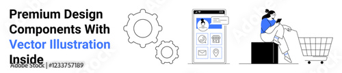 Mobile app interface showcasing user profile, shopping cart with person on phone, two large gear icons. Ideal for e-commerce, tech tools, teamwork, app development, UIUX, online stores flat landing