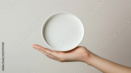 A female hand delicately holds an empty circular mockup against a light background. photo