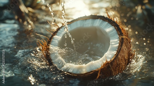 Close-up of a halved coconut with fresh coconut water dripping from the shell, highlighting the tropical texture and aroma. photo