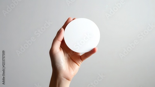 A female hand delicately holds an empty circular mockup against a light background. photo